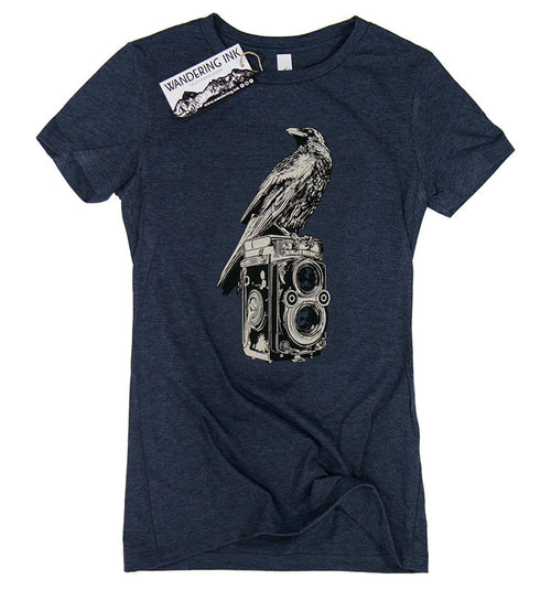 Crow & Camera Tee - Heather Navy, Women's Shirts - Wandering Ink